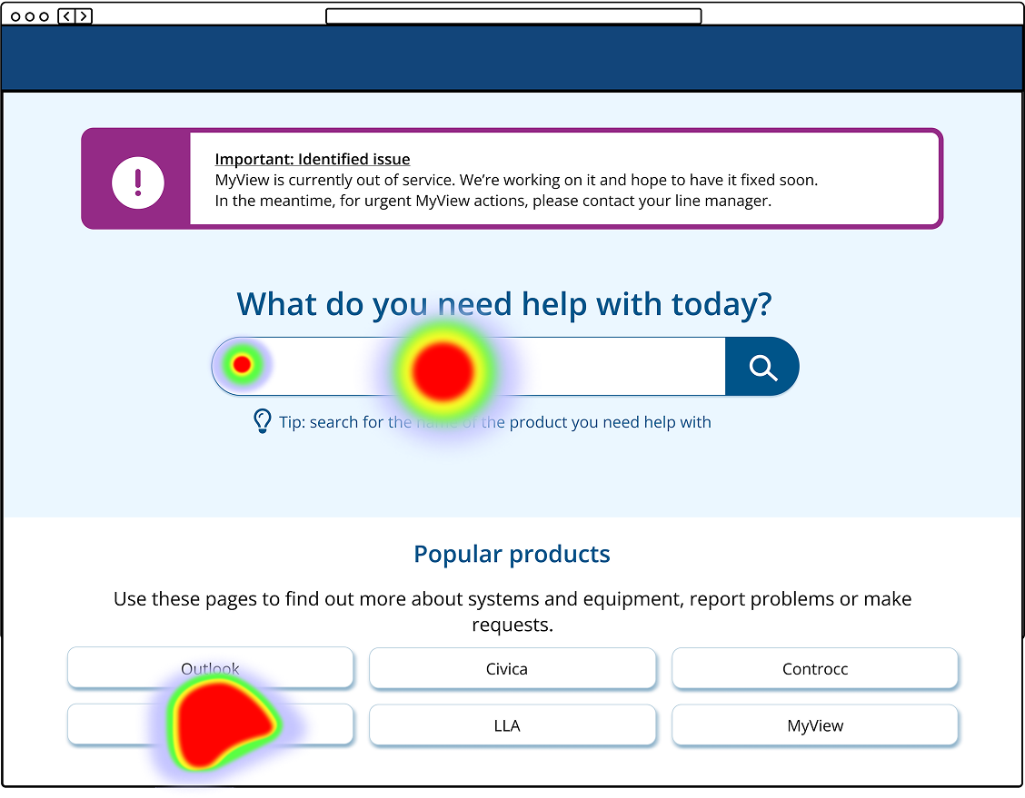 Option A alert and homepage heat map showing high clicks on 'teams' button and search bar