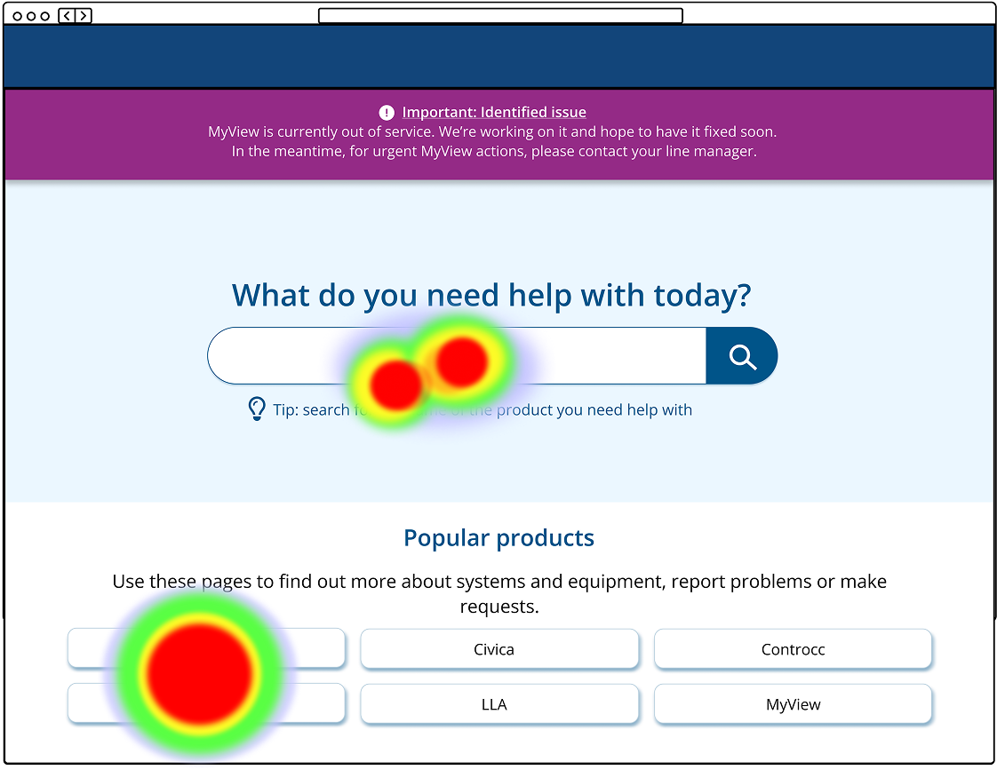 Option B alert and homepage heat map showing high clicks on 'teams' button and search bar