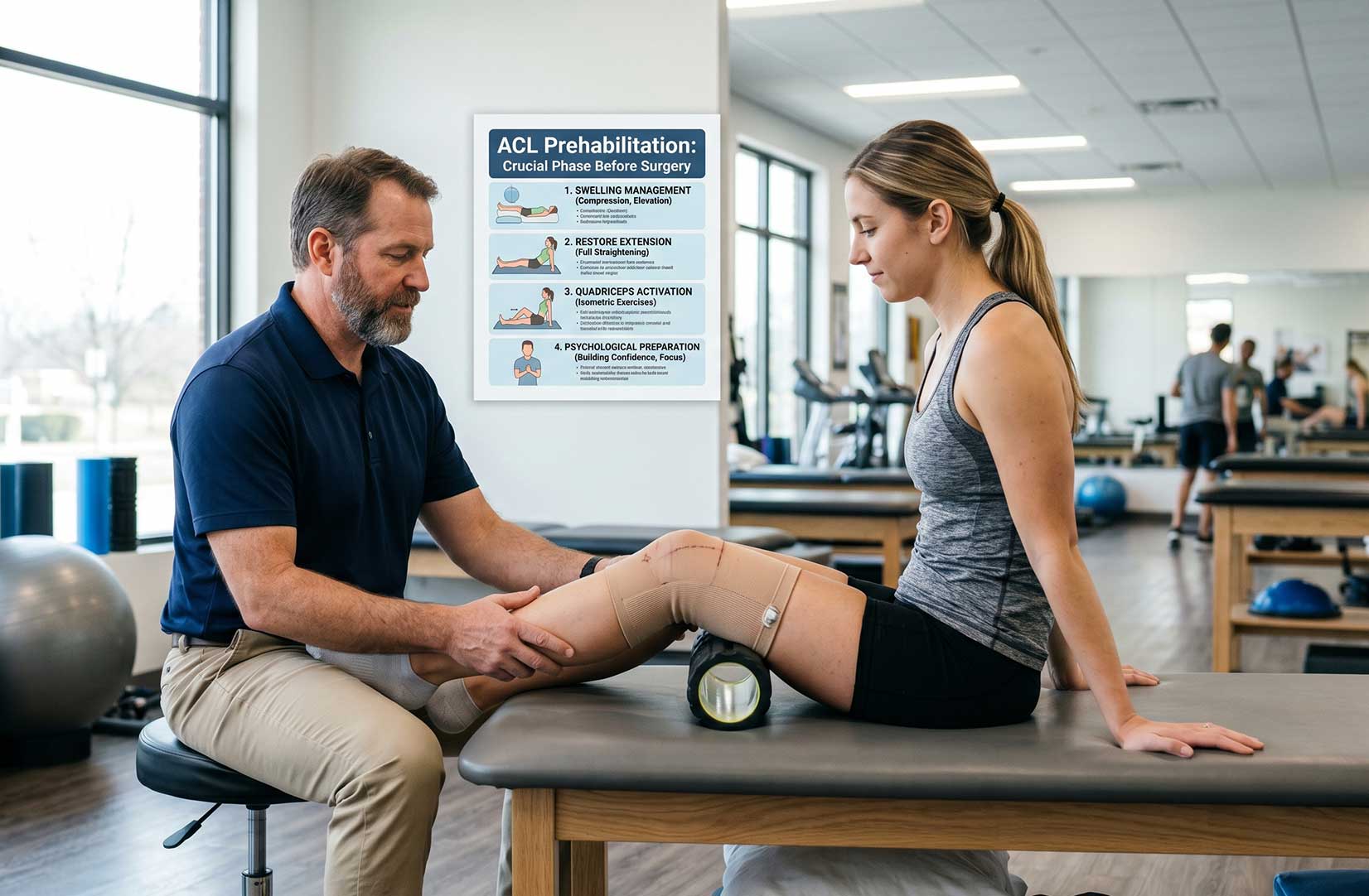 a physio examining a ladies knee on a treatment bed