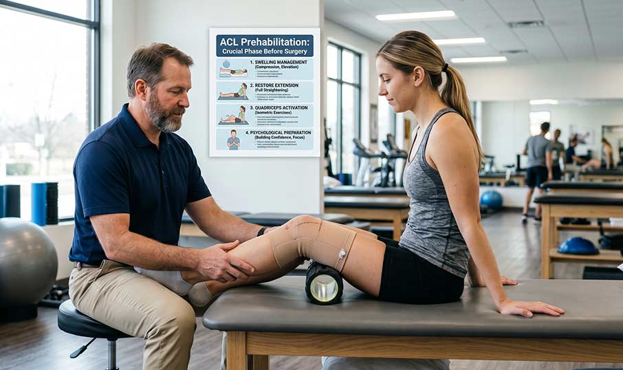 a physio examining a ladies knee on a treatment bed