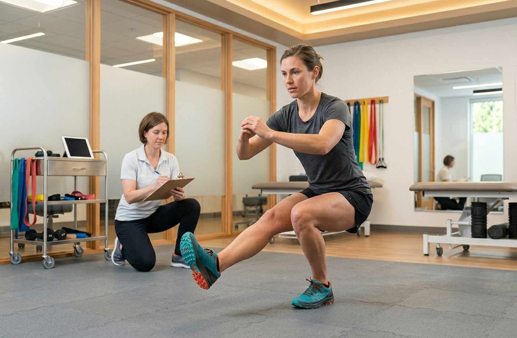 a woman in a gym testing her knee wth a physio watching