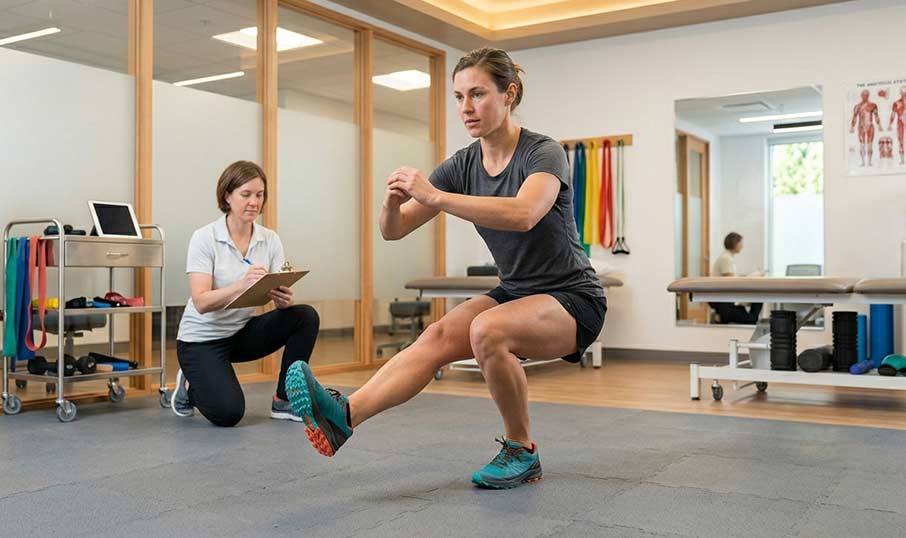 a woman in a gym testing her knee wth a physio watching