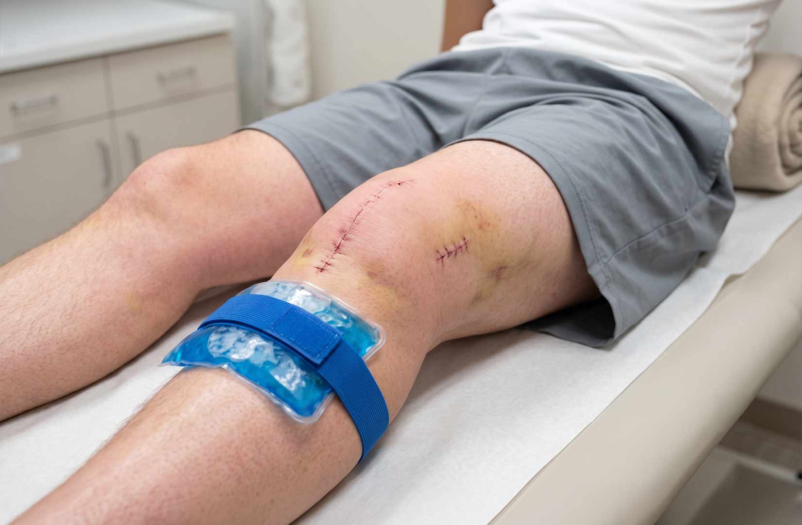 a close p of a swollen knee with scars and bandages
