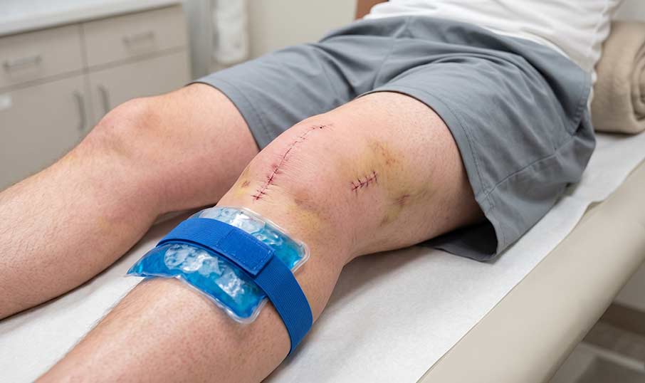 a close p of a swollen knee with scars and bandages