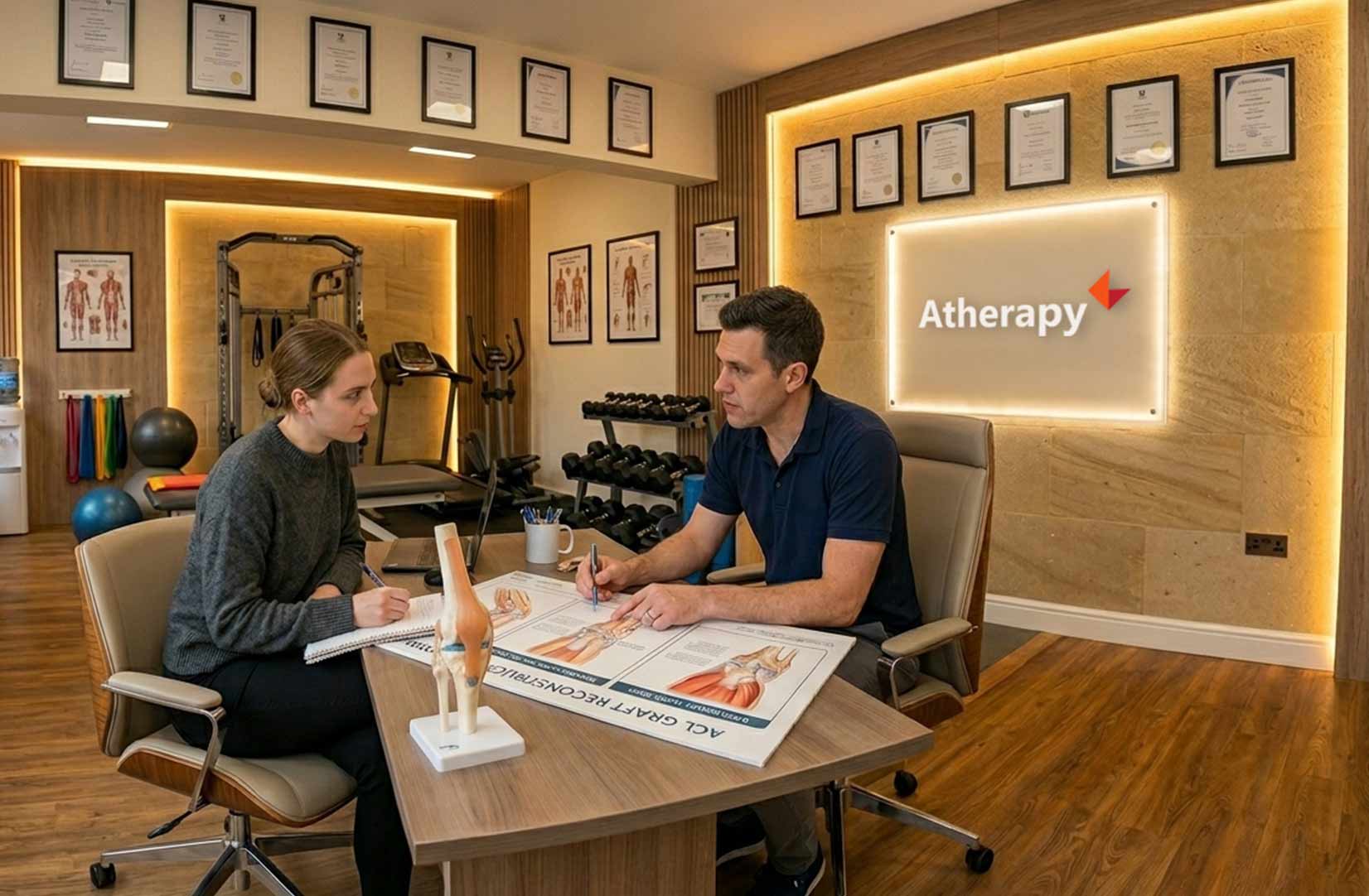 a woman in an Atherapy treatment room discussing her graft choice wth a physio