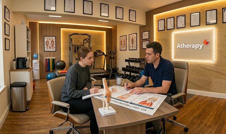a woman in an Atherapy treatment room discussing her graft choice wth a physio