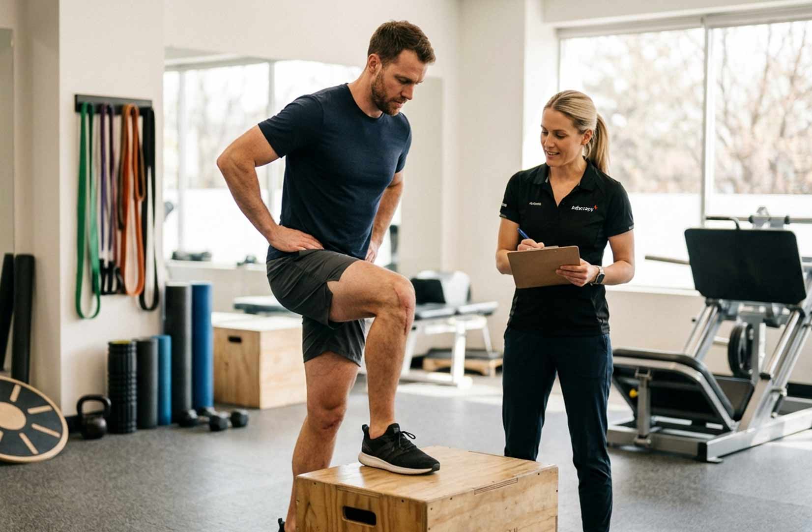 a man in a gym stepping onto a block wth a physio watching next to him