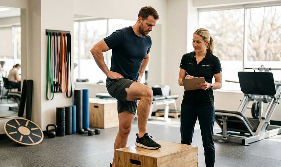 a man in a gym stepping onto a block wth a physio watching next to him