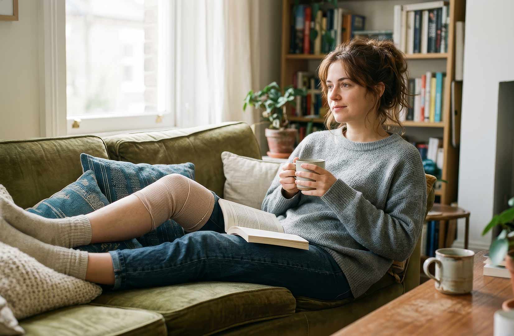 A woman sitting on a sofa with her bandaged knee raised on a cushion