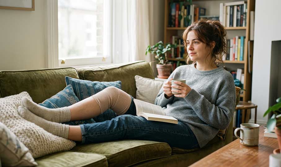 A woman sitting on a sofa with her bandaged knee raised on a cushion