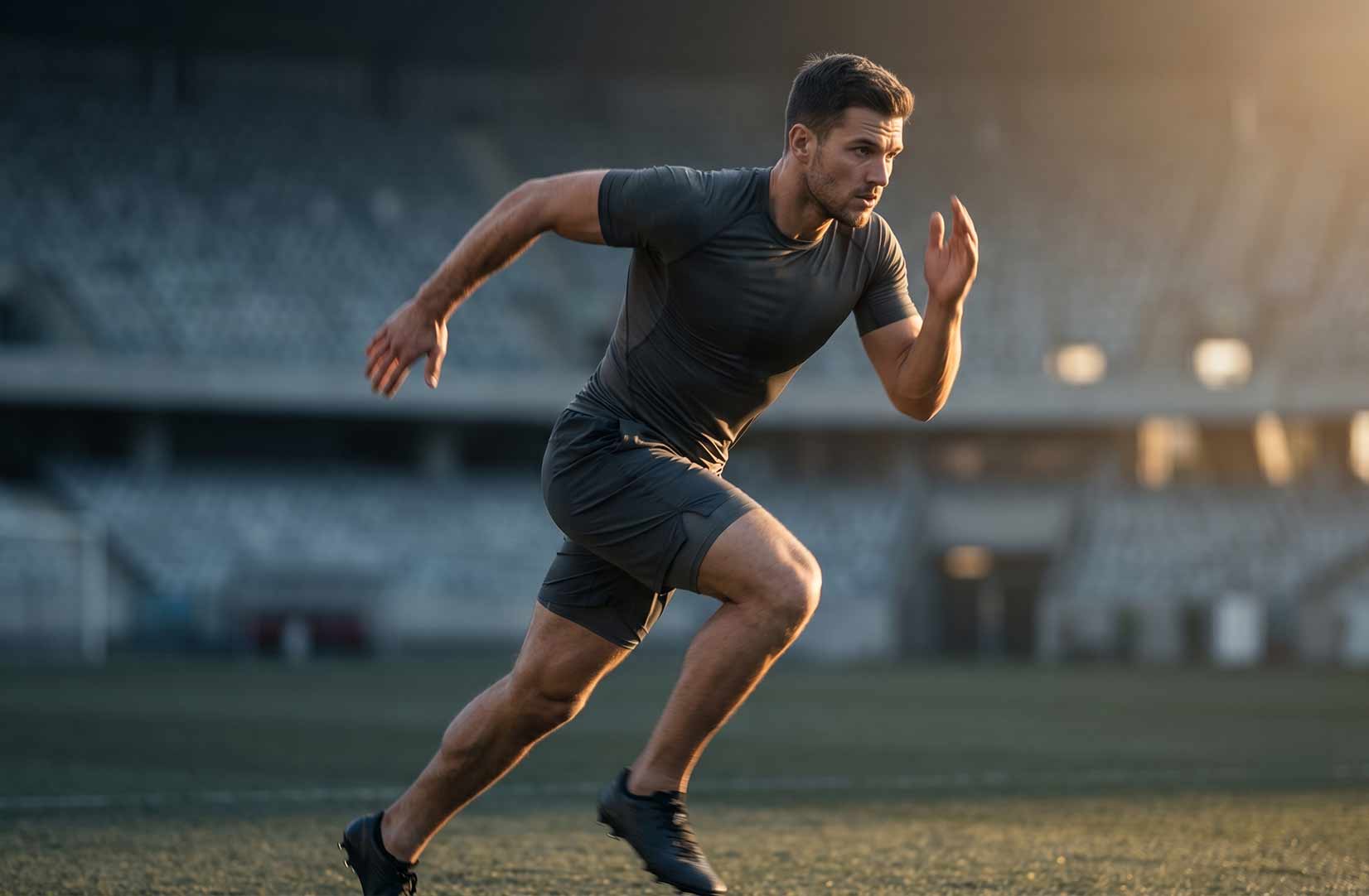 A man strenuously running in a sports arena