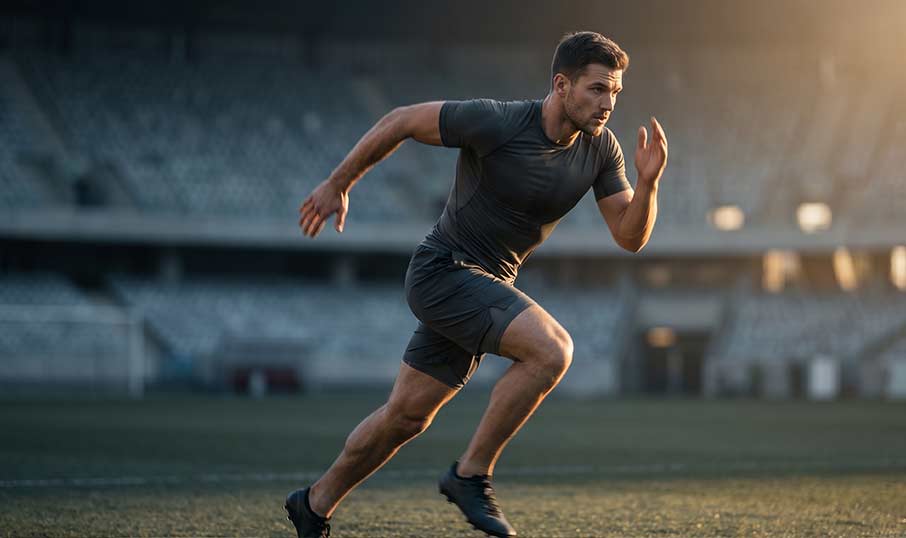 A man strenuously running in a sports arena
