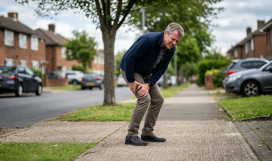 Man bending down clutching the back of his upper thigh