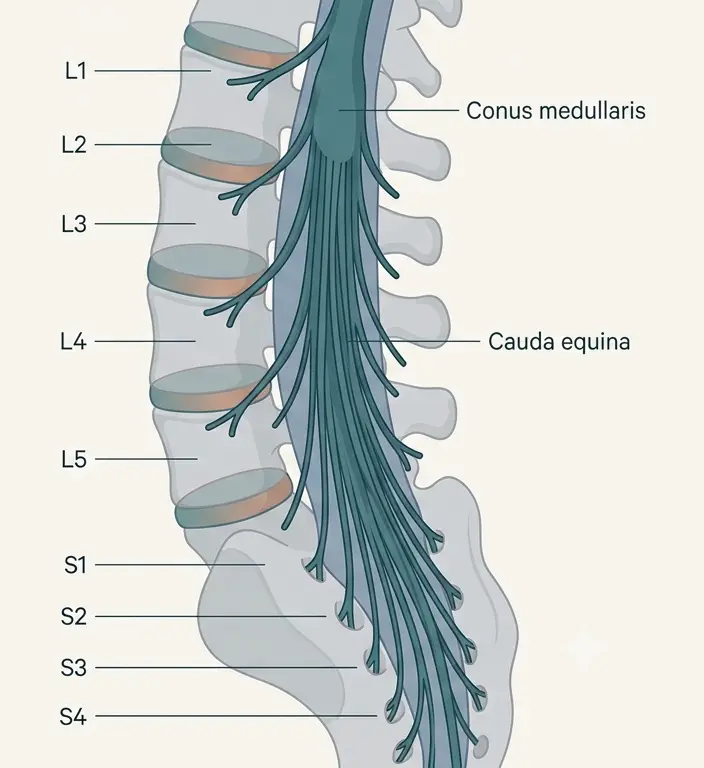 Cauda equina anatomy diagram showing nerve roots at the base of the spinal cord.