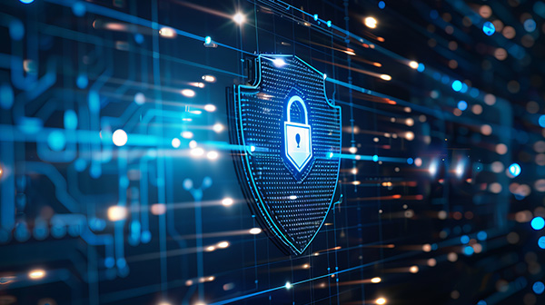 Digital shield with a padlock icon representing cybersecurity and data protection.
