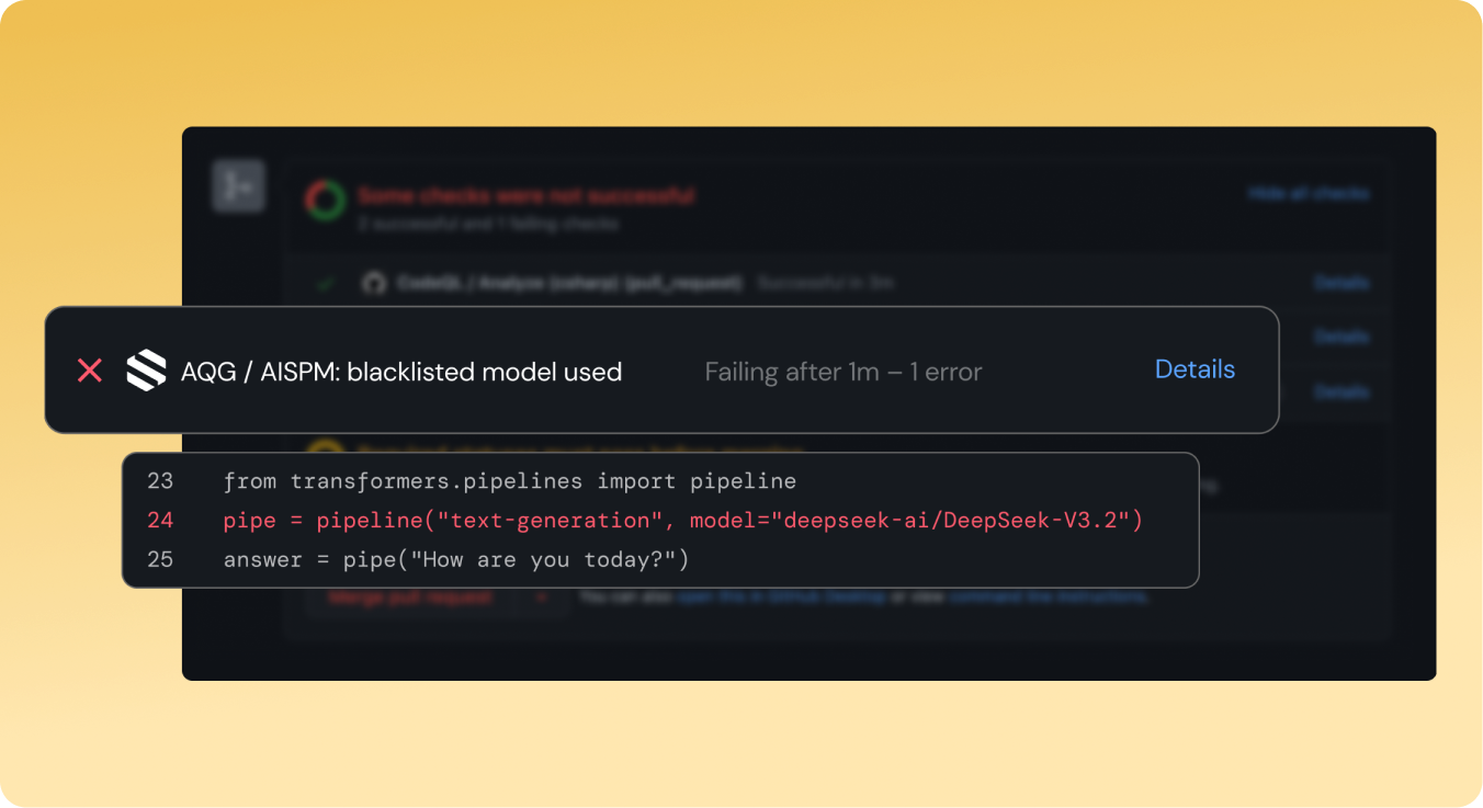 Screenshot showing a code pipeline error stating 'AQG / AISPM: blacklisted model used' with a snippet of Python code importing pipeline from transformers and creating a text-generation pipeline using the blacklisted model 'deepseek-ai/DeepSeek-V3.2'.