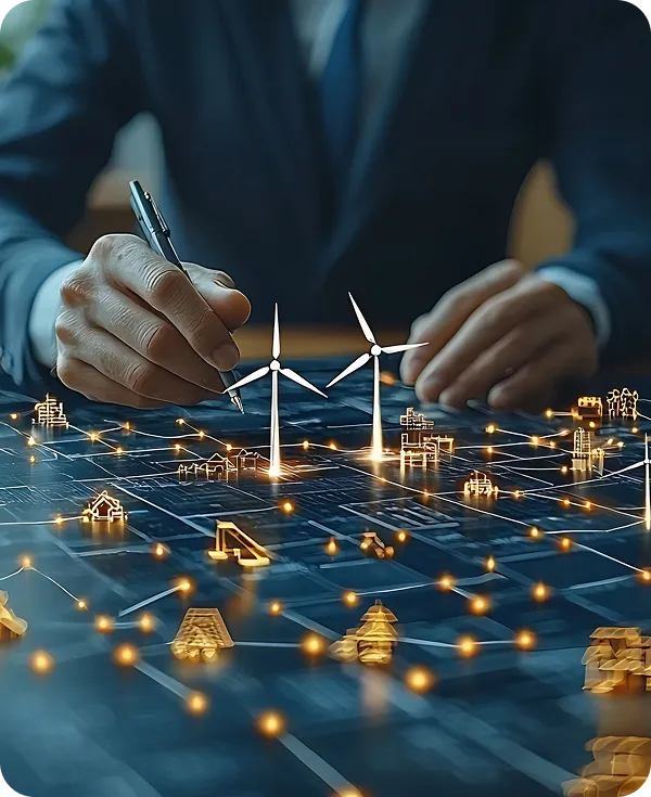 Businessperson annotating a digital map featuring illuminated icons of wind turbines, buildings, and infrastructure, symbolizing smart energy planning.