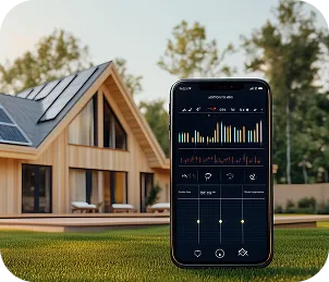Smartphone displaying home energy consumption graphs and controls in front of a modern house with solar panels.