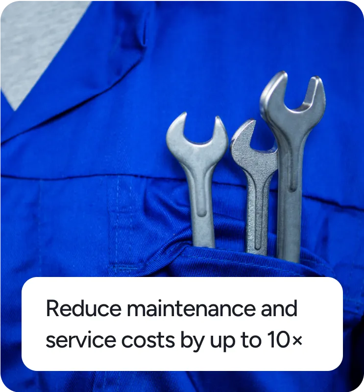 Three metal wrenches in the pocket of a blue work uniform with text overlay about reducing maintenance and service costs by up to 10 times.