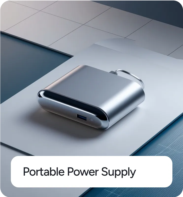 Compact silver portable power supply device with a USB port and a small handle on a white surface.