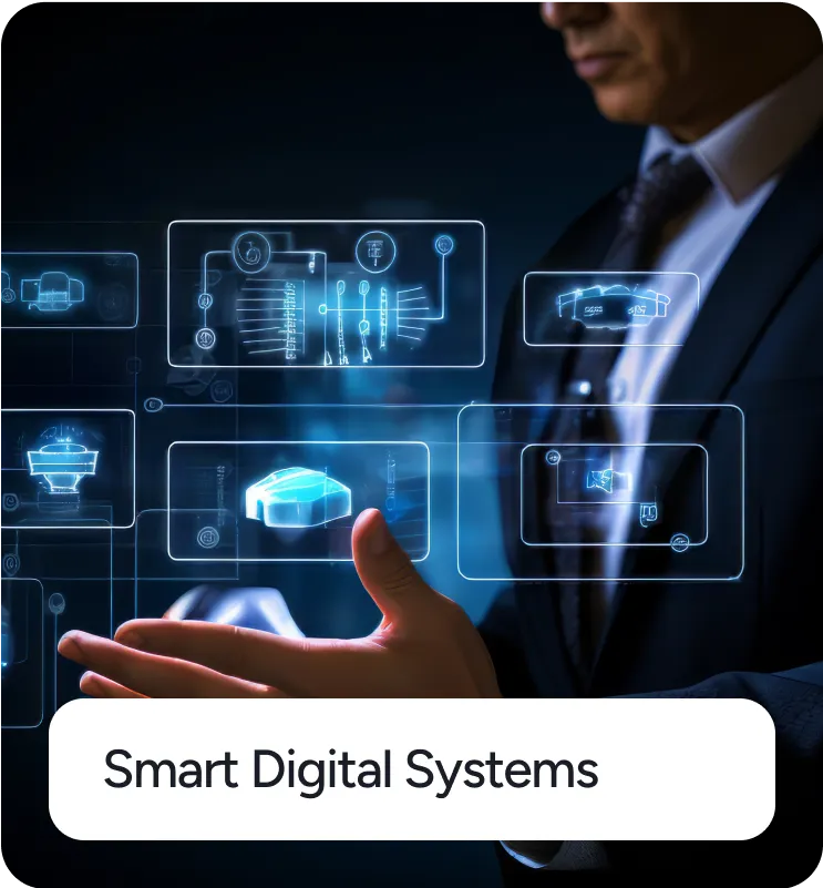 Person in suit interacting with floating digital interface showing blue holographic technical diagrams and icons.