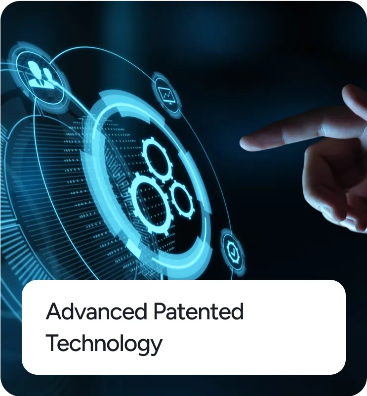 Hand pointing at a futuristic digital interface displaying blue glowing gear icons representing advanced patented technology.