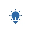 Blue light bulb icon with small rays emanating around it on a white rounded square background.