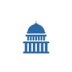 Blue government building icon with dome over columns on white rounded square background.