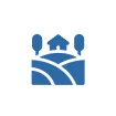 Blue icon of a house with two trees and field rows under a curved sky on a white rounded square background.
