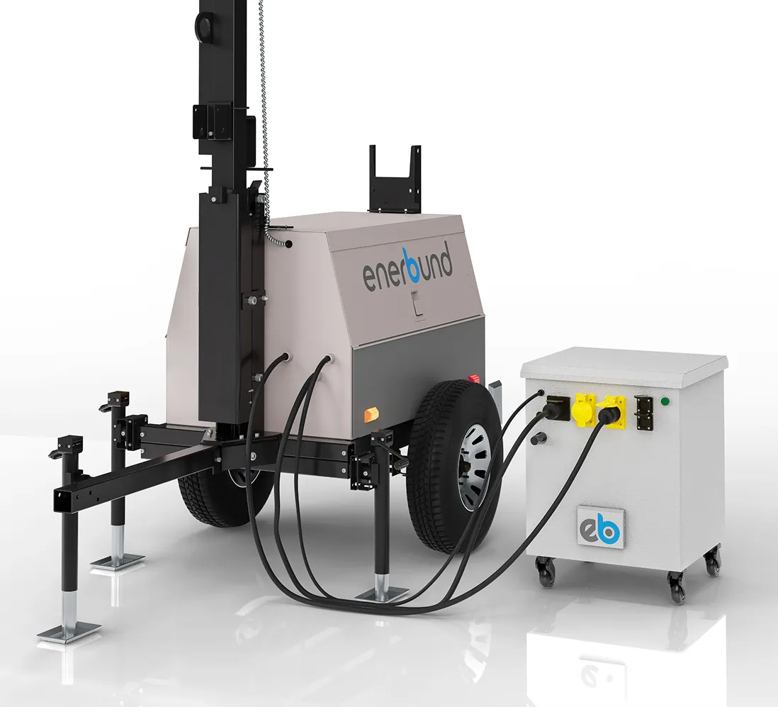 Industrial mobile light tower trailer labeled enerbound with wheels and stabilizing legs, connected by cables to a white power control box on casters.