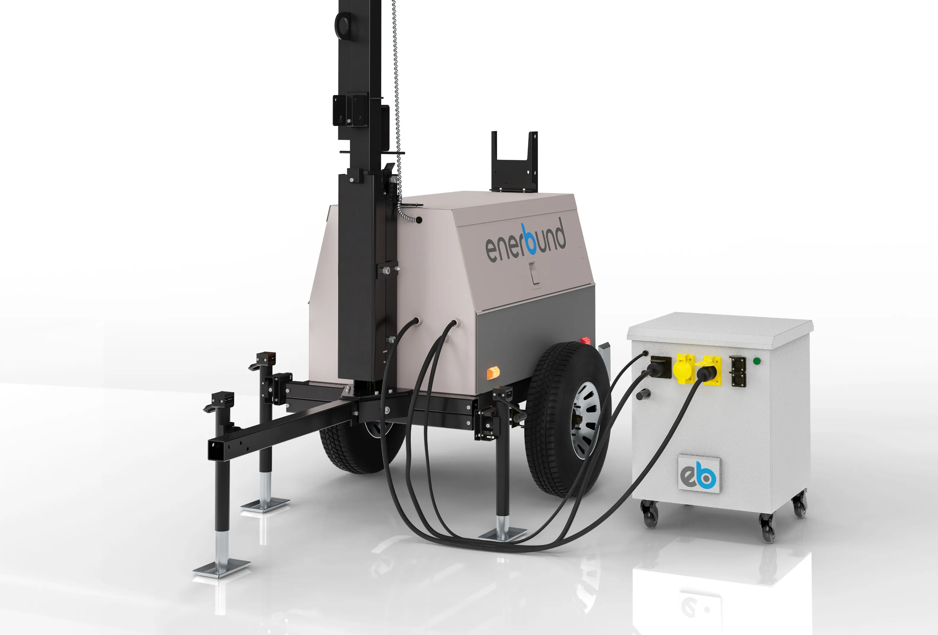 Industrial generator trailer with the brand name enerbund connected by cables to a white electrical control box on wheels.