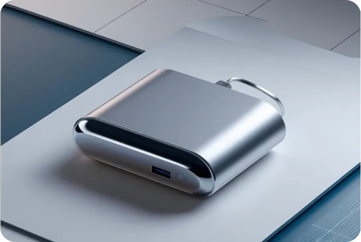 Compact silver external hard drive with a USB port placed on a light-colored surface.