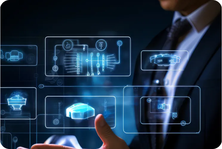 Businessman in a suit interacting with futuristic transparent digital interface displaying various technical and mechanical diagrams.