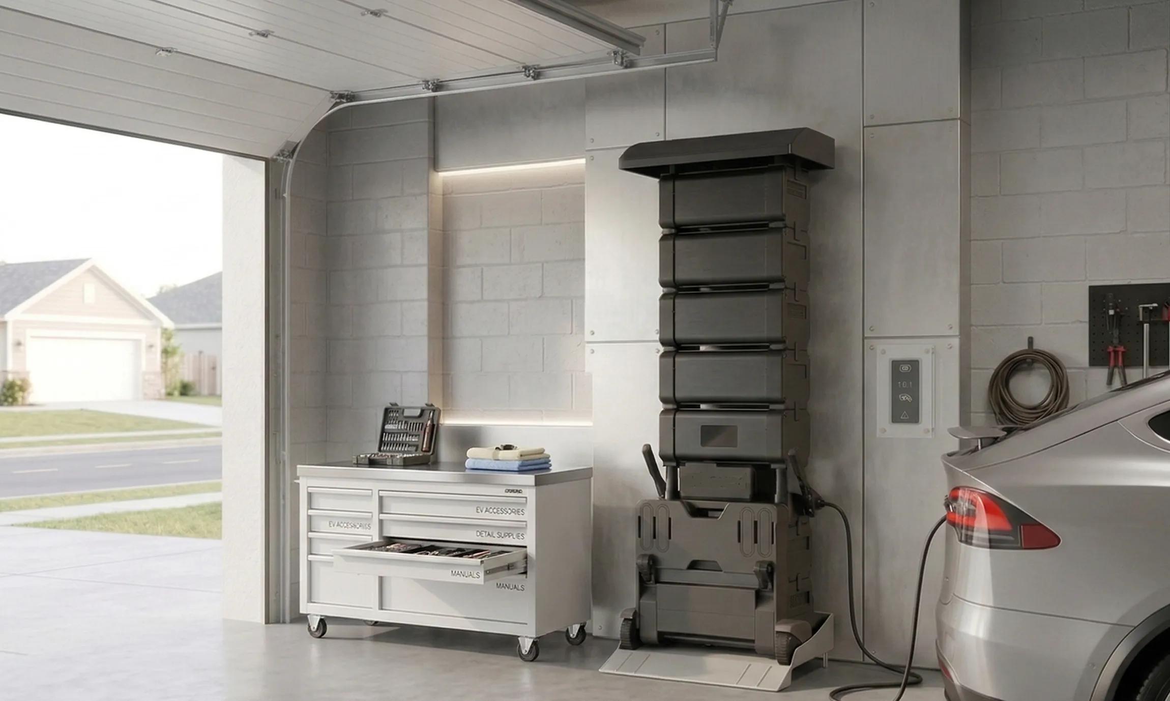 Modern garage with a silver electric car charging, a tall stacked energy storage unit, and a wheeled white tool cabinet labeled with EV accessories, detail supplies, and manuals.