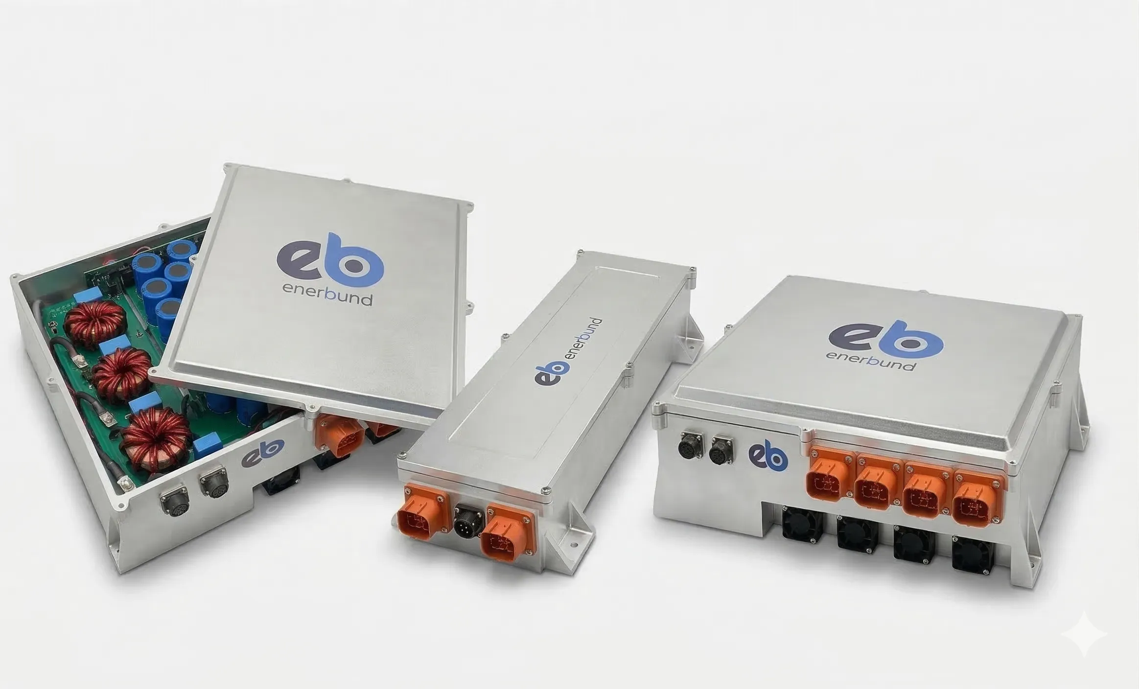 Three metallic electronic devices with the Enerbund logo, featuring blue capacitors, orange connectors, and cooling fans.