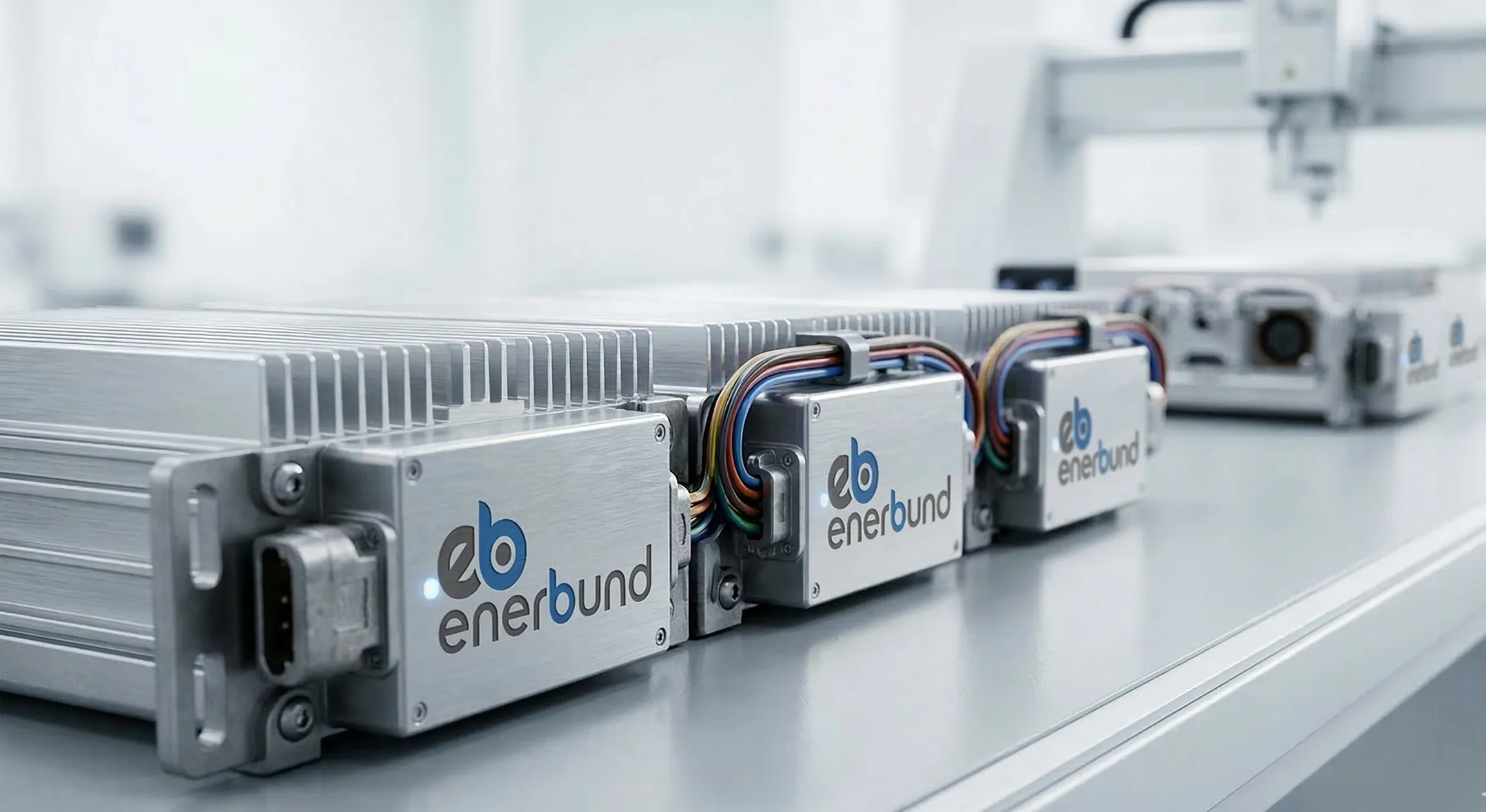 Row of metallic electronic devices with eb enerbund branded casings and colorful wires on a reflective surface.