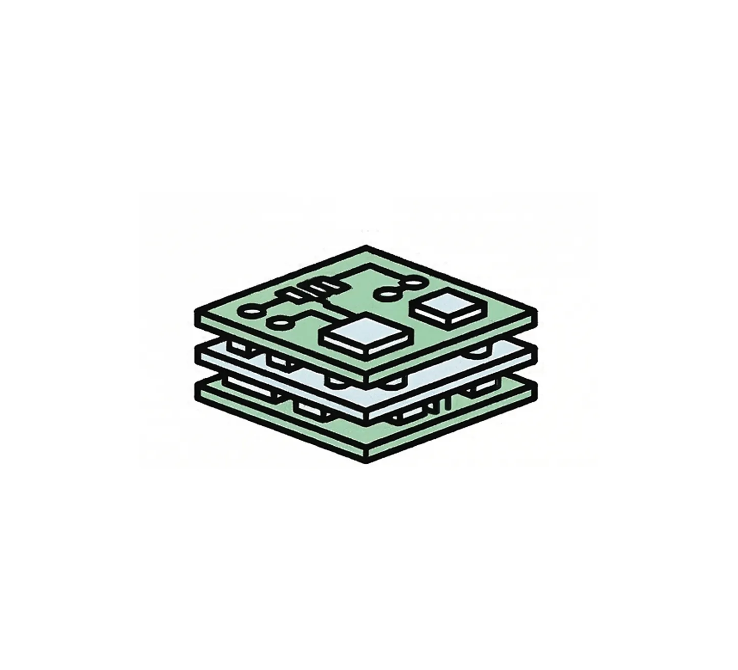 Illustration of a stack of layered green circuit boards with electronic components.