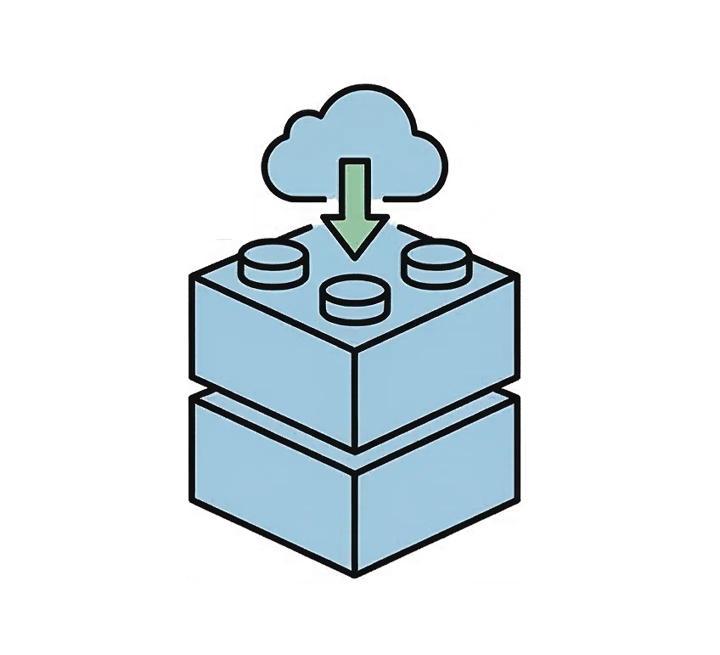 Blue two-layer building block with a cloud and downward arrow above it, symbolizing cloud download or integration.
