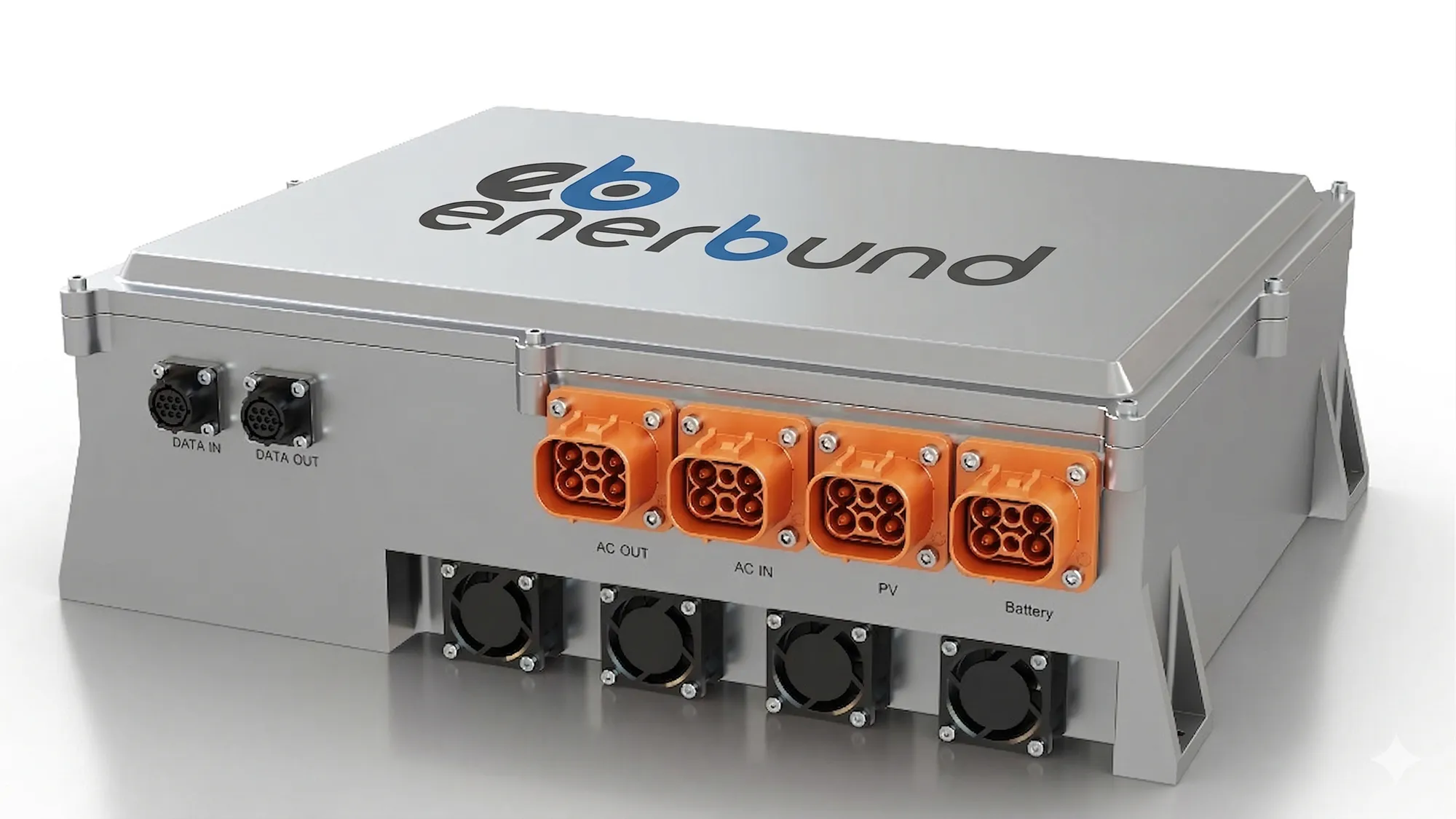 Enerbund branded electrical inverter with connectors labeled Data In, Data Out, AC Out, AC In, PV, and Battery, featuring cooling fans on the front.