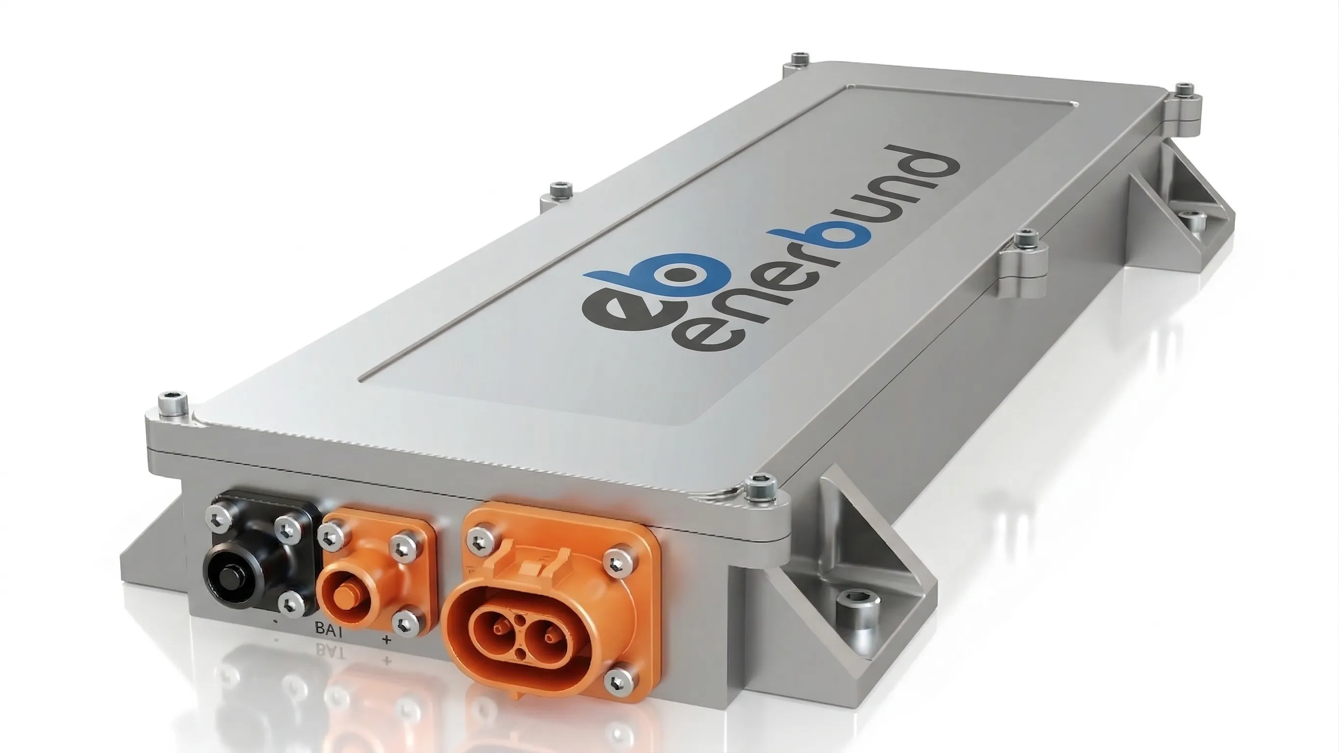 Rectangular silver energy storage device with eb enebund branding and three electrical connectors at one end.