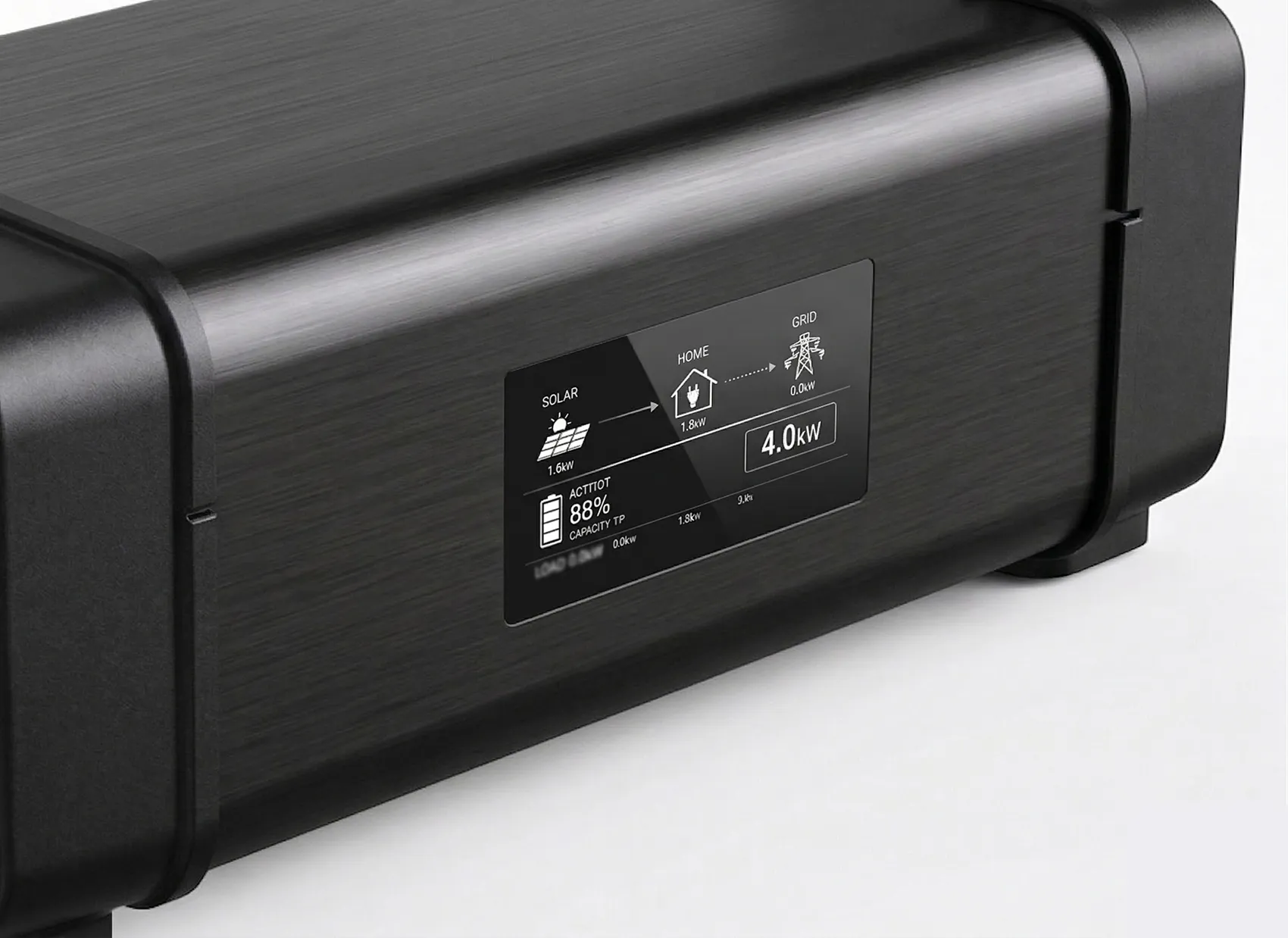Black rectangular energy storage device with a digital display showing solar input, home consumption, grid status, battery capacity at 88%, and power output of 4.0 kW.