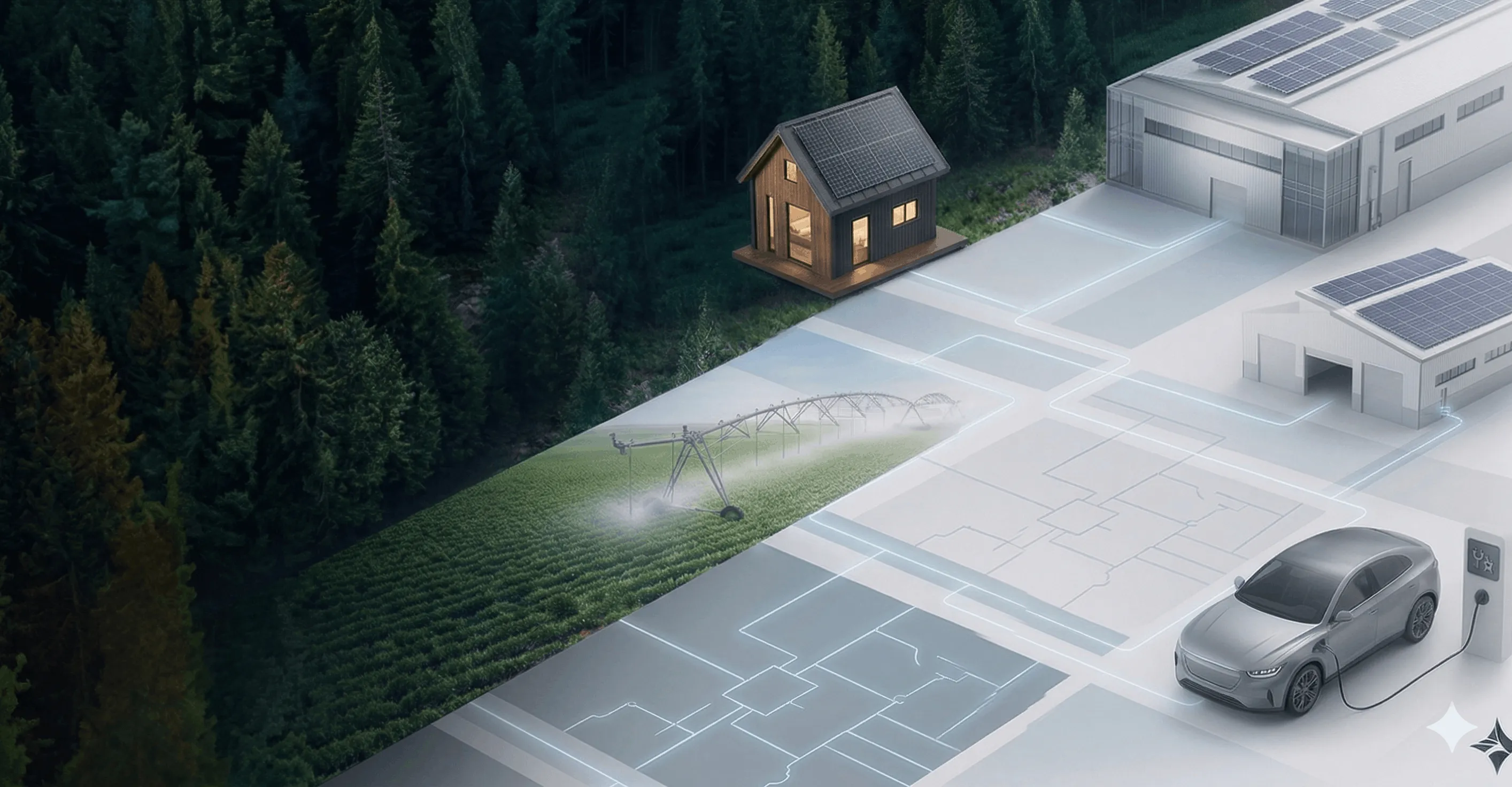 Electric car charging next to buildings and a small house with solar panels, connected to a farm field with irrigation in a forested area.