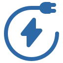 Blue icon of an electric plug connected to a cord forming a circle with a lightning bolt symbol in the center.