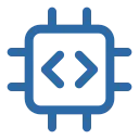 Blue microchip icon with code brackets in the center representing programming or integrated system.
