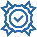 Blue badge with a checkmark in the center representing approval or certification.