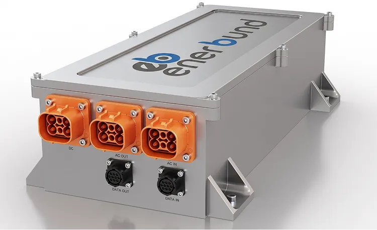 Rectangular metallic electrical device with three orange power connectors labeled DC, AC OUT, and AC IN, and two black data connectors labeled DATA OUT and DATA IN, branded with eb enerbund.
