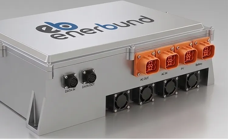 Enerbund labeled metallic electrical device with orange connectors for AC OUT, AC IN, PV, Battery, and black data ports labeled DATA IN and DATA OUT.