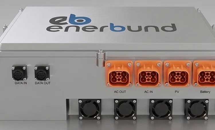 Close-up of an Enerbund electrical device showing labeled connectors including DATA IN, DATA OUT, AC OUT, AC IN, PV, and Battery ports, with cooling fans below.