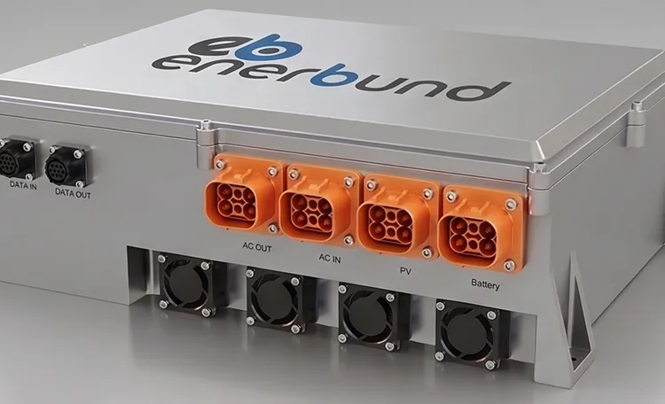 Enerbund electrical power system device with labeled orange connectors for AC OUT, AC IN, PV, and Battery, plus data ports and cooling fans.