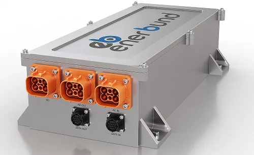 Rectangular gray electrical device with Enerbond logo and orange and black multi-pin connectors labeled DC, AC OUT, AC IN, DATA OUT, and DATA IN.